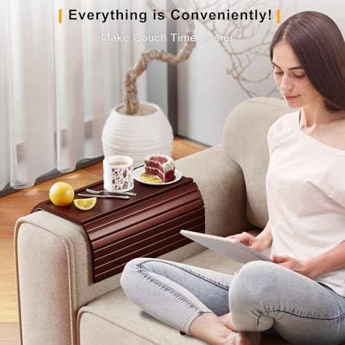 Bestjing 2 in 1 Bamboo Sofa Armrest Tray Table for Couch (Walnut) - Image 6