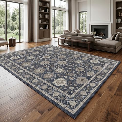 AMADA HOMEFURNISHING 9x12 Area Rug for Living Room, Vintage Washable Area Rug Low-Pile & Non-Slip Carpet for Bedroom Dining Room Nursery Home Office, Navy Blue/Brown - Image 4