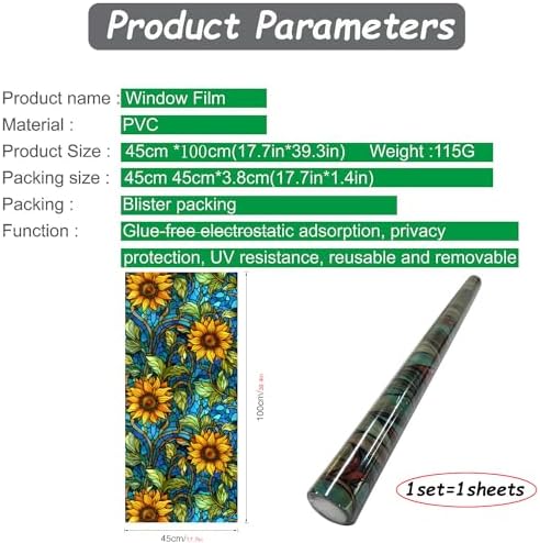 Sunflower Stained Glass Window Film Nonadhesive Privacy 17.5"x78.7" - Image 7