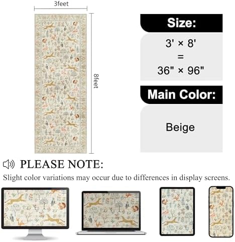 DUKINO 3x8 Runner Rug, Animal Washable Runner Rug for Kitchen, Beige - Image 2