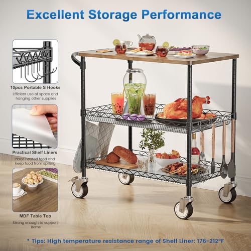 Rolling Kitchen Carts with Wheels, 3-Tier Utility Cart with Wood Tabletop - Image 6
