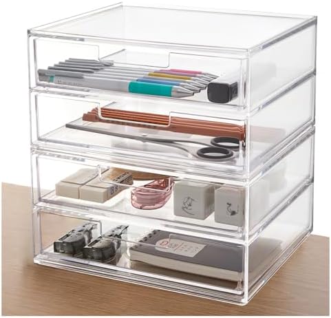 STORi Stackable Desk Drawer Organizer, Clear Pen Pencil Makeup Brush Holder for Desktops and Vanities, 4 Wide Drawers (Made in USA) by STORi