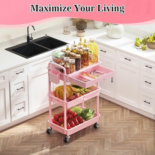SUNALLY 3 Tier Rolling Cart with Drawer, Craft Storage Cart Organizer, Pink - Image 6