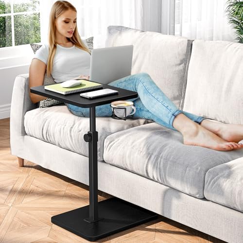 Giikin Side Table, 360 Swivel & Height Adjustable TV Trays for Eating on Couch, Sofa Armrest TV Tray Table with Cup Holder for Small Spaces, C-Shaped, Black, 11.8" D x 15.8" W x 31" H - Image 2
