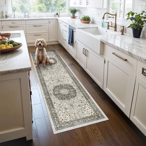 Hallway 2x6 Washable Runner Rug: Oriental Stain Resistant Kitchen Entryway Rugs Farmhouse Ultra Soft Bathroom Bedroom Print Floor Mat Thin Non Slip Indoor Carpet for Living Room Laudry (2 X 6, Grey) by HYHAOYUNLAI