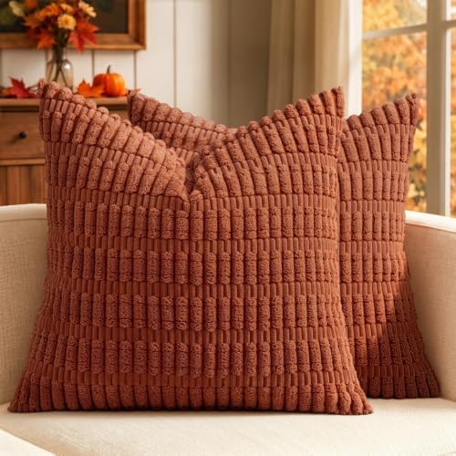 MIULEE Fall Corduroy Decorative Throw Pillow Covers 16x16 Rust Pack of 2 by MIULEE