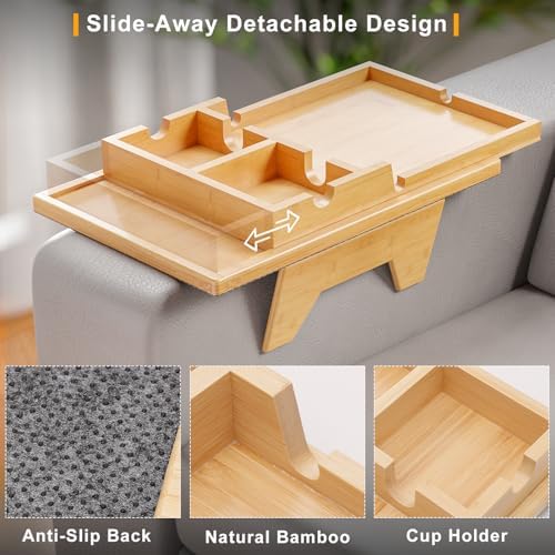 Bestjing 2 in 1 Bamboo Couch Cup Holder Tray with Double Holder Tray - Image 2
