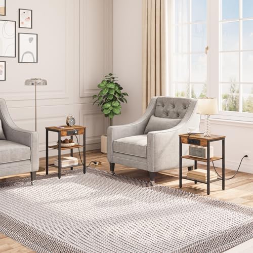 HOOBRO Side Table with Charging Station and USB Port, Small End Table for Small Space, 3-Tier Nightstand with Adjustable Shelf, for Living Room, Bedroom, Rustic Brown BF112BZ01 - Image 2