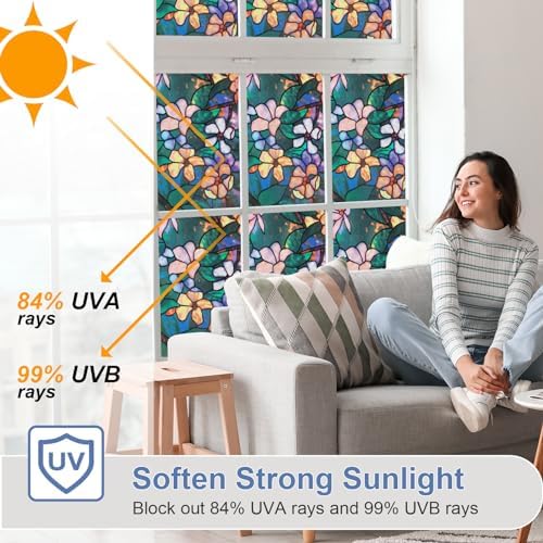 Window Privacy Film Stained Glass Window Films Day and Night, Static Cling Decorative Window Tinting Clings Door Covering for Home, Bathroom, Sun Blocking Decals Stickers (17.5" x 78.7") - Image 3