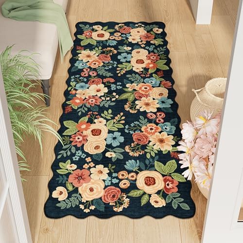 DUKINO 2x5 Washable Runner Rug, Floral Non Slip Kitchen Rug, Navy Blue by DUKINO