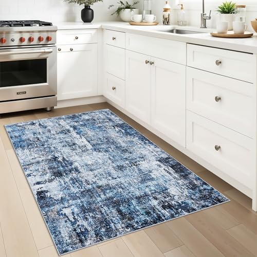 3x4 Washable Entryway Area Rug - Non-Slip Modern Small Indoor Mat for Bathroom,Living Room,Bedroom - Abstract Neutral Soft Low-Pile Throw Carpet with Rubber Backing（Blue） - Image 3