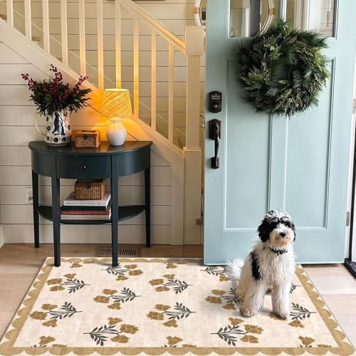 3x5 Floral Entry Rug - Small Washable Indoor Outdoor Mats for Front Door Non-Slip Porch Rug Beige Vintage Farmhouse Throw Rugs for Living Room Bedroom Entryway Kitchen Office Porch Decor - Image 7