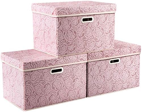 PRANDOM Larger Collapsible Storage Boxes with Lids Fabric Decorative Bins Cubes Organizer Containers Baskets Handles Divider for Bedroom Closet Living Room Pink 17.7x11.8x11.8 Inch 3 Pack by Prandom