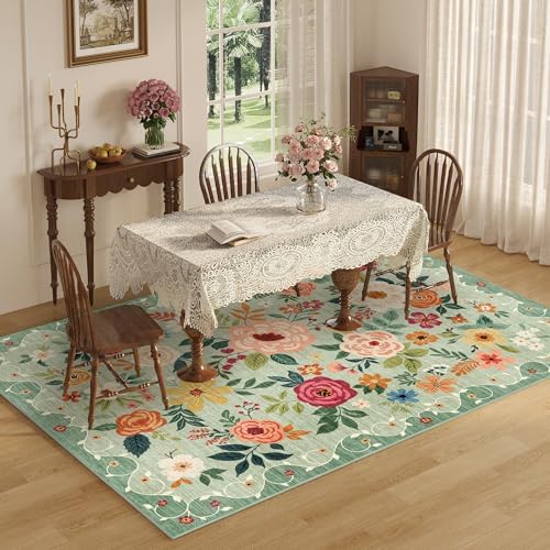 DUKINO 5x7 Area Rug, Floral Rugs for Living Room, Lightweight Non Slip Washable Rug, Indoor Low Pile & Non-Shedding Boho Design Rugs for Bedroom, Living Room, Dining Room, Green - Image 3
