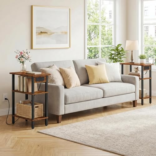 HOOBRO Narrow Side Table, Set of 2, 3-Tier Slim End Table with Charging Station, Skinny Nightstand with Open Storage, for Small Spaces, Living Room, Bedroom, Study, Rustic Brown and Black BF340UBZP201 - Image 6