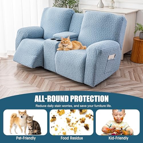 Genina Waterproof Recliner Loveseat Cover,2 Seat with Console,Light Blue - Image 6