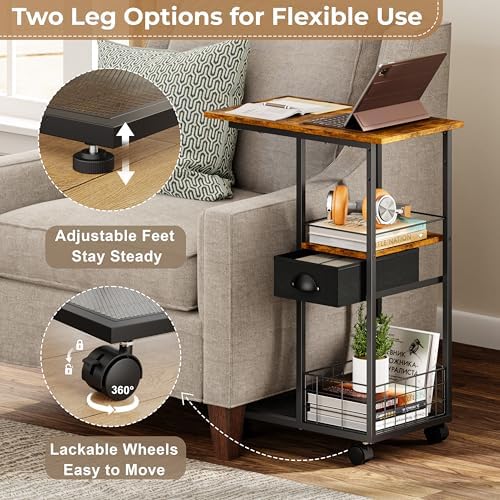 C Shaped Sofa Side Table with Wheels, Rolling Small Coffee Table with Drawer, Portable TV Tray Table for Couch, Bedside Table with Storage, Narrow Nightstand for Bedroom, End Tables Living Room - Image 6
