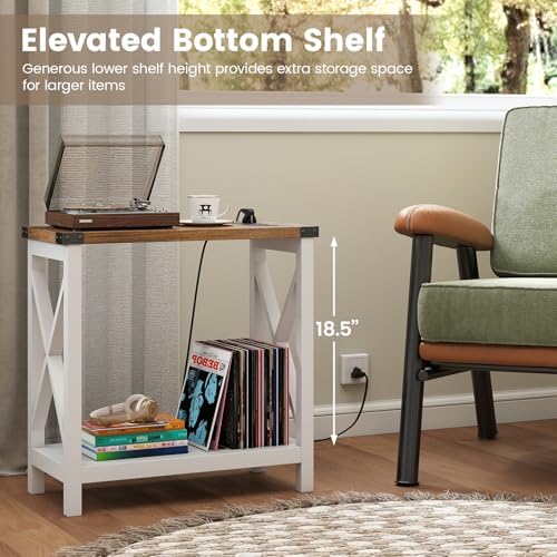 Hadulcet Farmhouse Side Table with Storage Shelf - Narrow End Table with Charging Station, Slim End Tables Living Room, Rustic X-Design Nightstand for Bedroom, Small Space, White & Brown - Image 6