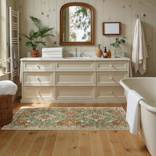 RELEANY Washable Area Rug, Runner 2'x5', Brick/Brown/Green by RELEANY