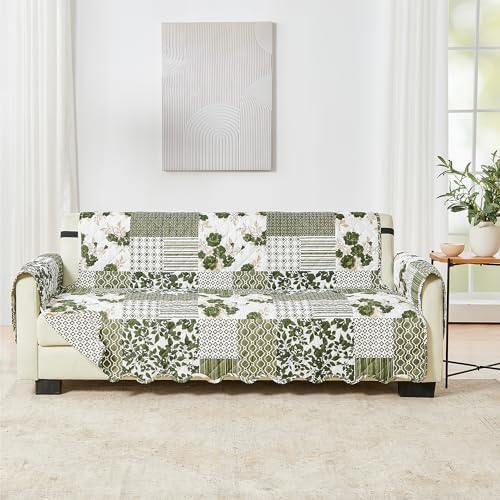 Great Bay Home Reversible Patchwork Sofa Cover - Washable Slipcover Furniture Protector with Elastic Straps - Perfect for Kids & Pets - Box-Stitched Detail (Olive/Brown) by GreatBayHome
