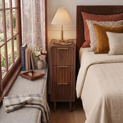 Narrow Nightstand with 3 Drawers, Slim Bedside Table with Fluted Drawer Fronts and Gold Handles, Skinny Side Table for Sofa Side, Bedroom, Small Spaces, Wood Grain Accent Table by Unknown
