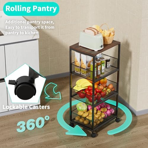 HapiRm Fruit Basket Kitchen Cart - 4-Tier Rolling Storage Cart with Wheels, Fruit Vegetable Basket with Wood Top, Pantry Utility Kitchen Organizer for Fruit Potato Onion Vegetable Bread Snack - Image 5