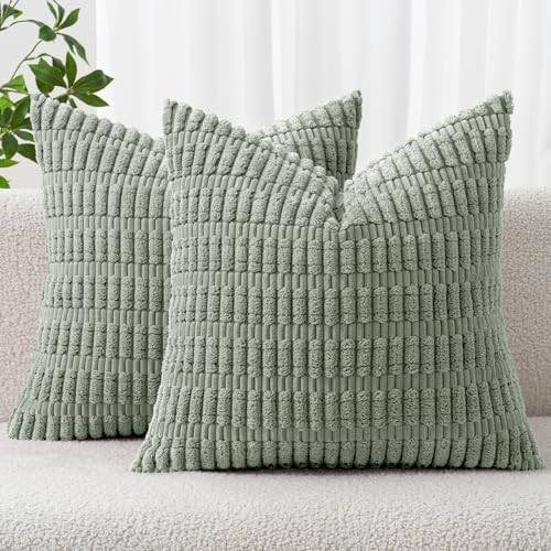 MIULEE Corduroy Decorative Throw Pillow Covers 12x12 Grey Green Pack of 2 by MIULEE