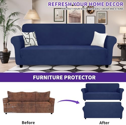 ZNSAYOTX Oversized Super Stretch Couch Cover (92"-115"), New Striped Sofa Covers Comfortable & Durable, Dog Cat Pets Friendly Extra Large Spandex Sofa Slipcovers (Navy Blue, XL Sofa) - Image 3