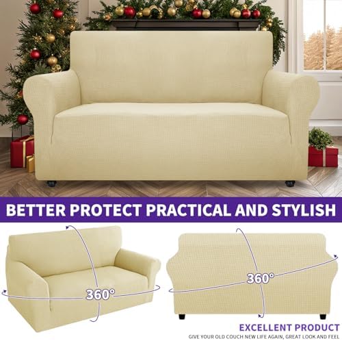 ZNSAYOTX Super Stretch Couch Cover Love Seat Sofa Covers for Living Room Dogs Pet Friendly Furniture Protector Spandex Loveseat Slipcovers with Anti Slip Foam Sticks (Beige, Medium) - Image 2