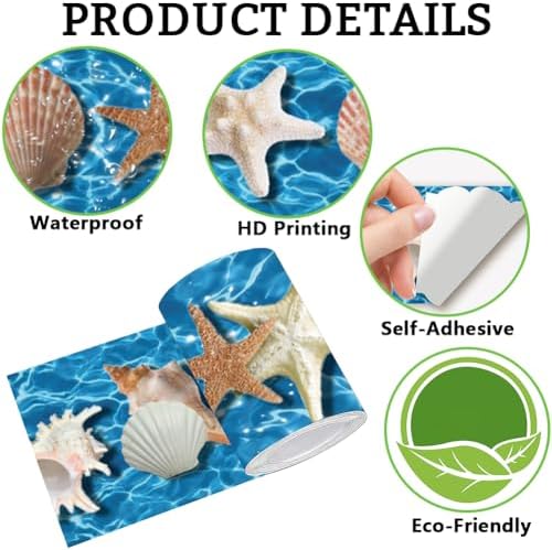 Beach Wallpaper Border Wall Border Trim Peel and Stick 19.7 x 4 Inch Ocean Seashell Starfish Pattern PVC Decorative Molding Stickers for Bathroom Kitchen Backsplash Hotel Home Decoration - Image 6