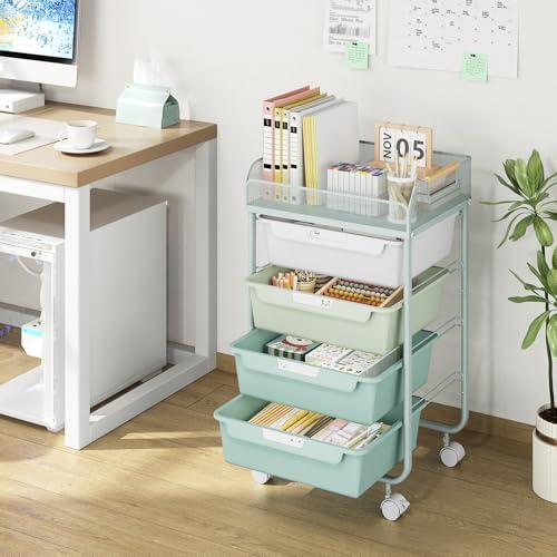 SYKIARIOL 4-Drawer Rolling Storage Cart with Mesh Top,Green - Image 2
