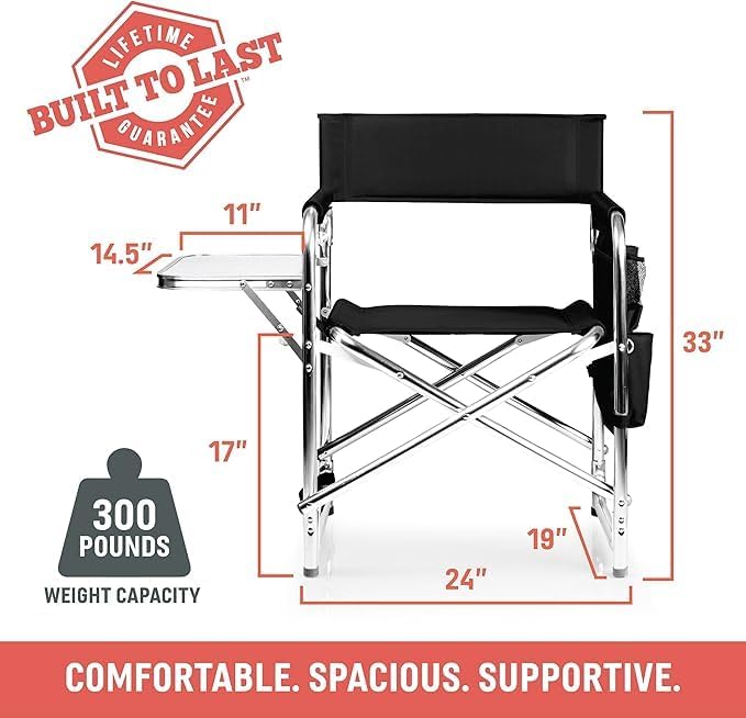 Picnic TIME Sports Chair with Side Table and Armrest Caddy, Lightweight Aluminum Folding Outdoor Camping Chair for Adults, Portable Director Style Lawn Seating with Pockets & Carry Strap, (Gray) - Image 2