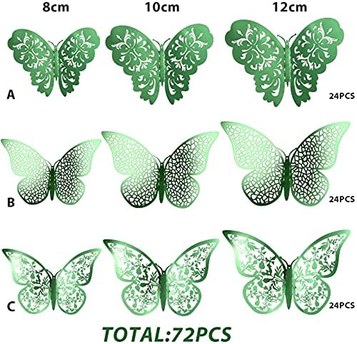 Bememo 72 Pcs 3D Butterfly Wall Decals, 3 Sizes,Light Green | Metallic Hollow Design for Bedroom Living Room, Removable Adhesive Wall Decor, Easy Peel Stick Party Decoration Stickers - Image 3