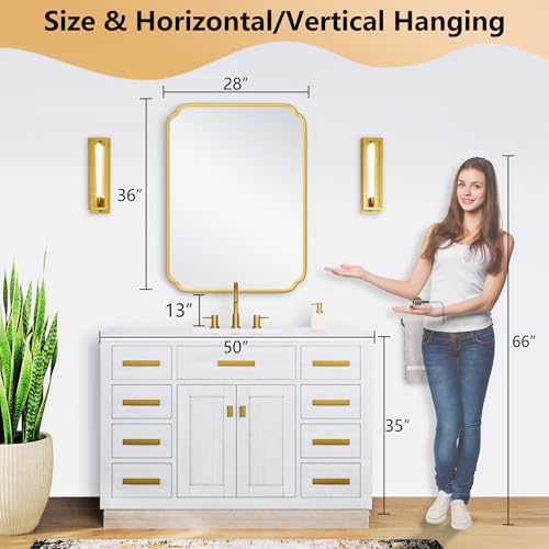 Ferytange 28"x36" Gold Bathroom Mirror with Rustproof Metal Frame, Modern Rounded Corner Wall Mirror for Vanity Over Sink, Horizontal/Vertical Hanging - Image 4