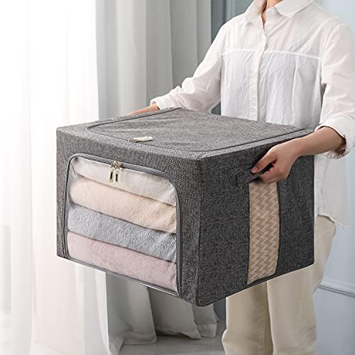 CYhom 3Pack Foldable Storage Bins - Frame Storage Box Linen Fabric Stackable Clothes Container Organizer with Clear Window & Carry Handles Large Capacity (Large-66L, Dark Gray) - Image 3