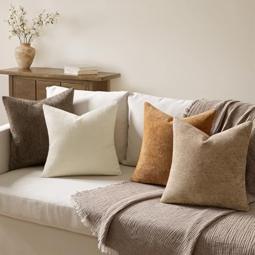 MIULEE Soft Decorative Chenille Fall Pillow Covers Brown 18x18 Pack of 4 - Image 3