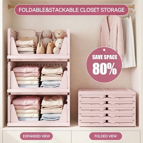 Pink Girl Closet Organizers and Storage Stackable Plastic Drawer Basket for Clothing Stackable Storage Bins Shelf Storage Container for RV Closet Wardrobe Bedroom Bathroom Playroom 6 Pack - Image 4