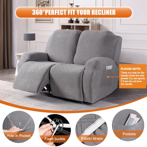 VANSOFY Recliner Cover, 2-Pieces Stretch Reclining Couch Cover with Pockets Loveseat Sofa Slipcovers Soft Washable Furniture Protector for Dogs Cats(Light Gray) - Image 5