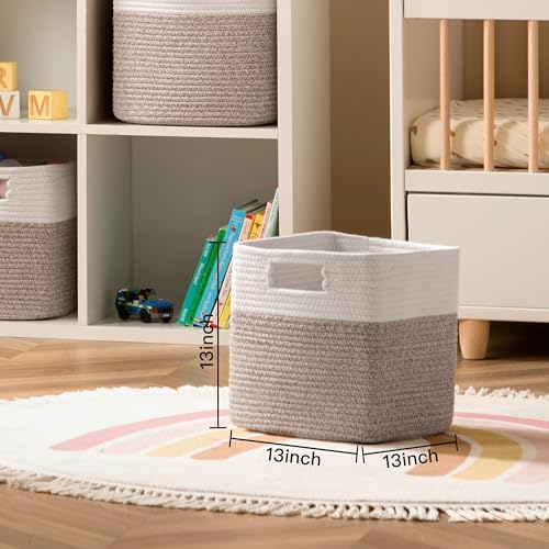 Dreamcountry 11 Inch Cube Storage Bins, Storage Cubes with Handles, 4 Pack Cotton Rope Basket for Shelves, Cube Storage Organizer forToys, Book, Clothes, Home, Office, Nursery, White/Brown - Image 2