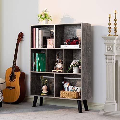LEYAOYAO Cube Bookshelf, Mid-Century Modern Book Shelf with Legs,Dirty Grey - Image 2