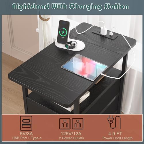 sthmec End Table with Charging Station,LED Side Tables with USB Ports and Outlets,Narrow Nightstands Bedside Tables with 3 Drawers PU Finish for Small Space,Slim Sofa Table for Livingroom,Black - Image 4