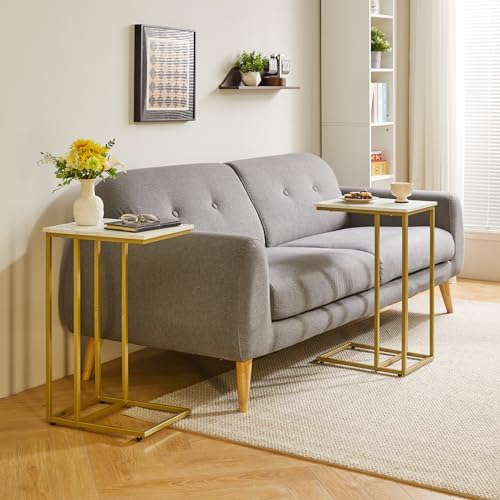 Aibiju Small Side Tables C Shaped, End Table, Small Table Stand for Living Room Bedroom, Little Bedside Table Faux Marble+Gold YD-TM051G - Image 2