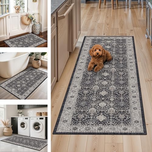 Washable 4-Piece Kitchen Floor Mats: Farmhouse Non-Slip Kitchen Sink Rug Easy Clean Water-Resistant Runners for Hallway Bathroom Soft Decorative Carpet for Pet Feeding Area(2x3+2x4+2x5+2x6,Black) - Image 2