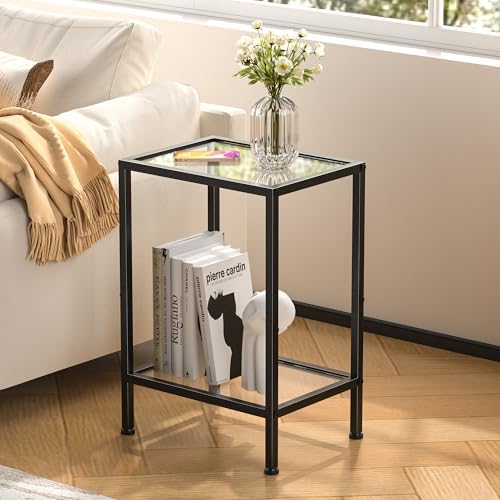 Glass Side Table, Tempered Glass End Table, 2-Tier Nightstands with Open Shelves, Small Coffee Table with Modern Style, Accent Table Small Table Sofa Table for Living Room, Bedroom,Black - Image 2