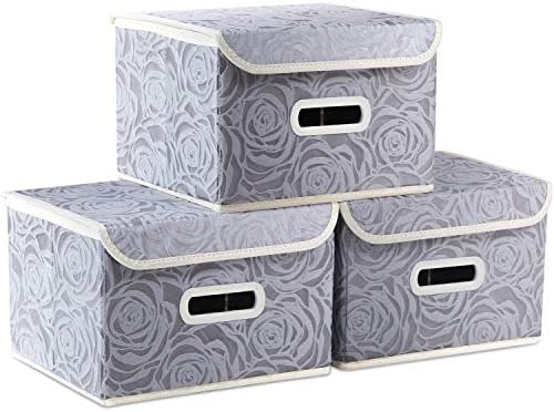 PRANDOM Collapsible Storage Boxes with Lids Fabric Decorative Storage Bins Cubes Organizer Containers Baskets with Cover Handles Divider for Bedroom Closet Living Room 9.8x7.9x6.7 Inch 3 Pack by Prandom