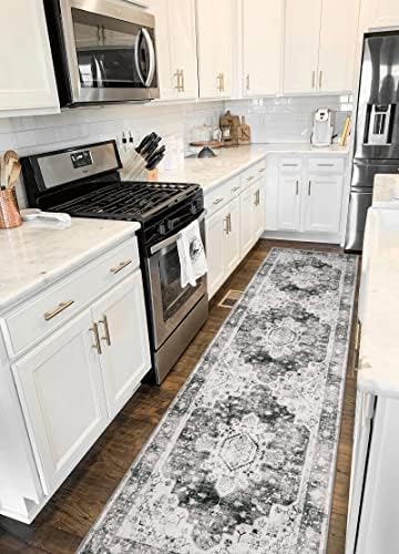 Moynesa Ultra-Thin Washable Runner Rug - 2'6" x 10' Grey Long Hallway Rug Runner Kitchen Carpet Runner 10ft, Vintage Non Slip Low Pile Stair Floor Mat for Bathroom Bedroom Living Room Entryway - Image 2