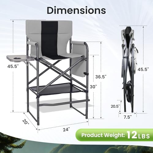 Tall Directors Chair 30" Seat Height, Bar Height Folding Chair with Side Table, Foldable Camping Chair with Side Pocket for Makeup Artist, Sports Event, Supports 400LBS - Black - Image 2