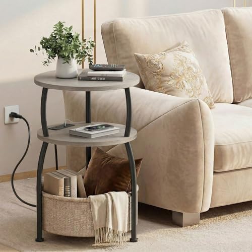 Round Side Table with Charging Station, USB Type C Port, Greige - Image 5