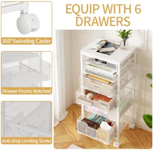 Sbanmao 6 Drawers Rolling Utility Cart, Rolling Storage Cart with Wooden Tabletop, Storage Drawer Cart on Lockable Wheels, Craft Cart for Bedroom, Classroom, Office, White - Image 4
