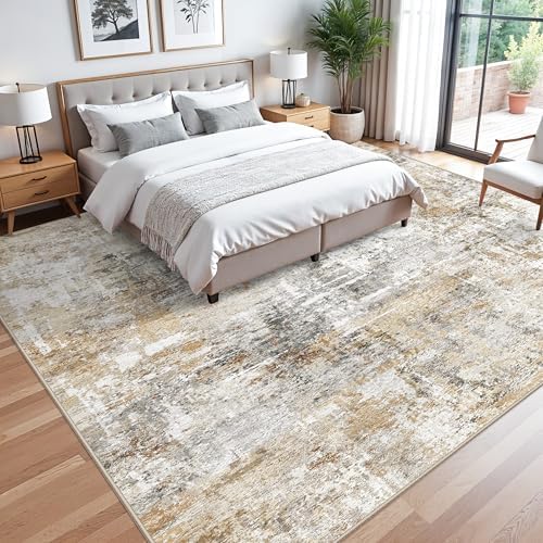 12x12ft Square Living Room Rug – Non-Slip Washable Extra Large Floor Carpet for Bedroom, Dining Room, Playroom Room – Modern Abstract Neutral Thin Low-Pile Big Indoor Rug (Gold Grey) - Image 3